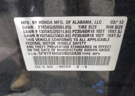 2013 Honda Pilot Ex-L z USA, uszkodzony, nr VIN 5FNYF4H50DB056830